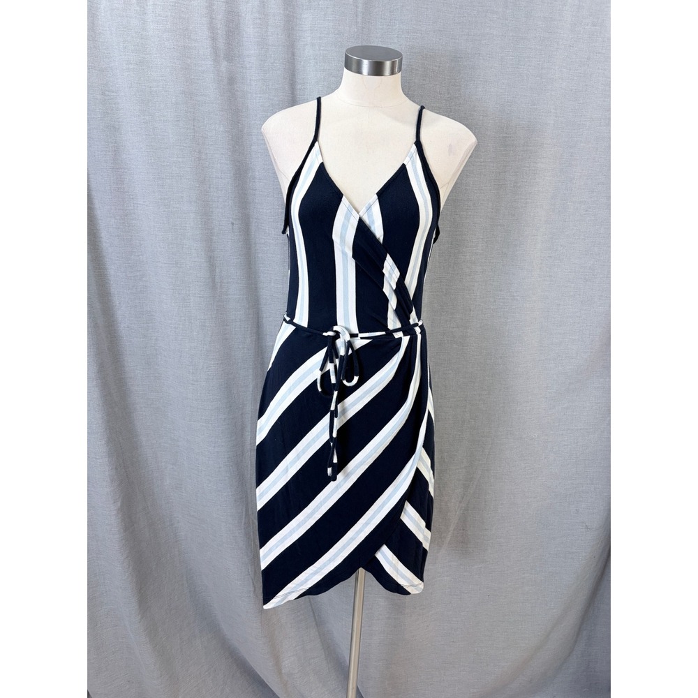 41 Hawthorn Navy Blue White Striped Sleeveless Faux Wrap Tulip‎ Hem Dress PM